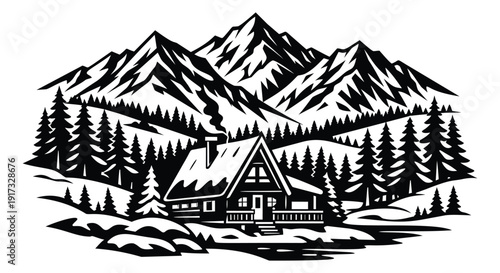 Graphic illustration of a mountain cabin depicting a snowy winter landscape for outdoor recreation