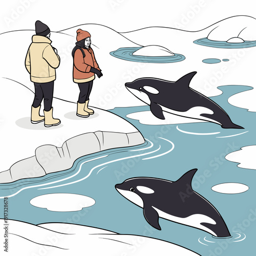 Two people watching orcas in arctic water with icebergs