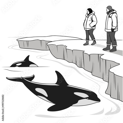 Arctic ice shelf with two people standing on edge orcas swimming below