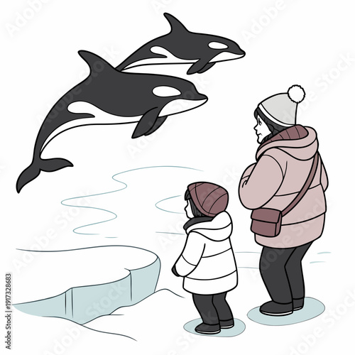 Mother and child watching orcas swim in arctic whale