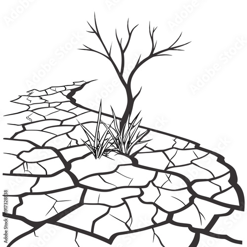 Cracked earth with bare tree and grass dry land drought 1