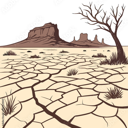 Desert landscape with dry tree and cracked ground rock formation