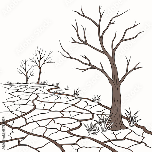 Dry cracked earth with bare trees and grass 1
