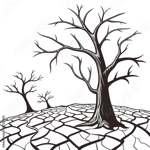 Barren trees on cracked dry earth cracked earth lifeless