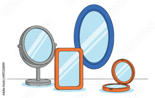 Hand drawn line art mirror set featuring various types of mirrors for personal care