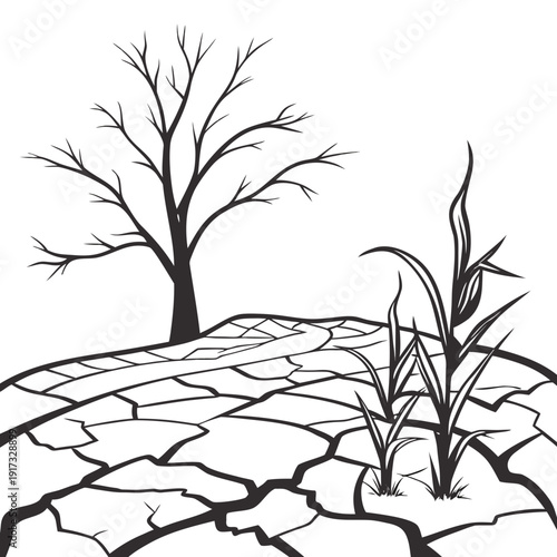 Black and white of cracked earth with bare tree and grass