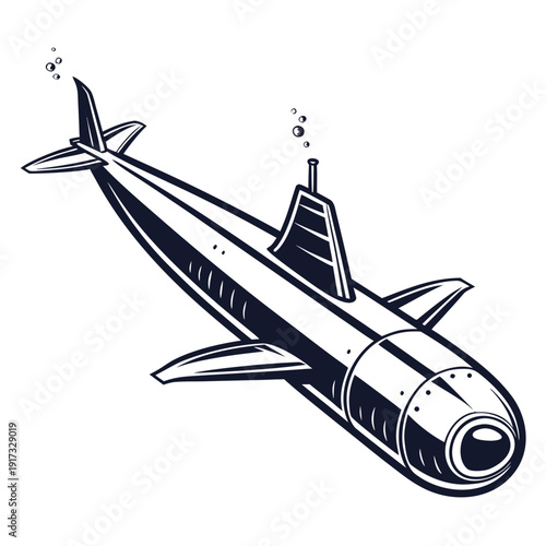 Sleek submarine with bubbles black and white nautical