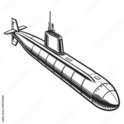 Black and white submarine with conning tower and propeller
