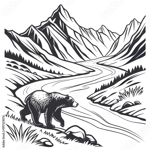 Black bear walking on mountainous landscape with winding road