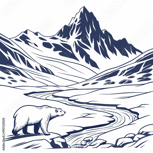 Blue polar bear standing on rocky outcrop in front of mountain range and winding river