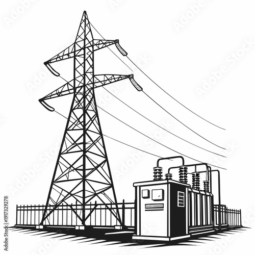Black and white of electric tower and transformer station