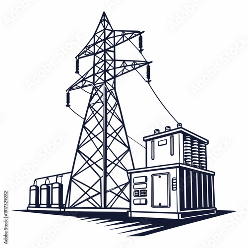 Of electric power substation with tower and transformer