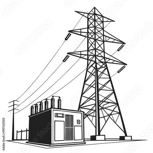 Black and white of electric tower and substation power substation