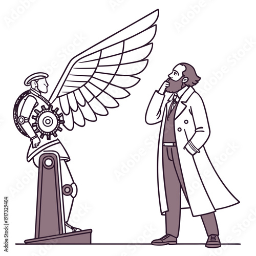 Steampunk inventor and winged robot statue