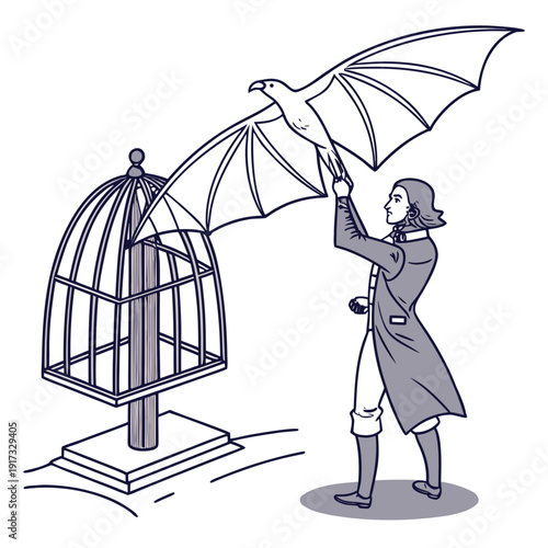 Man releasing bird from cage with umbrella