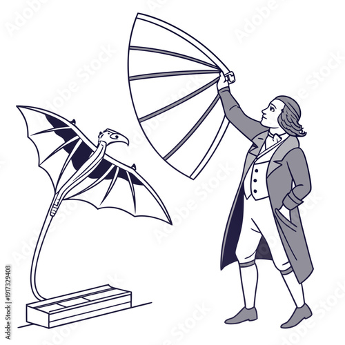 Historical man holding parasol next to pterodactyl sculpture
