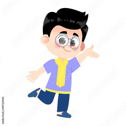 Muslim Boy Wearing Glasses Presenting One Leg Up
