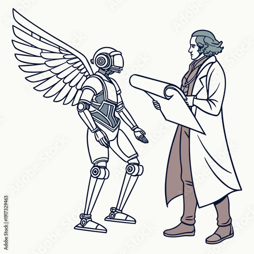Robotic angel with wings talking to a man in a lab coat