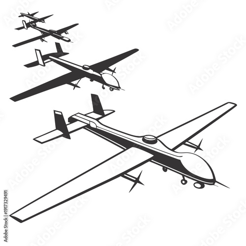 Black and white of three unmanned aerial vehicles drones