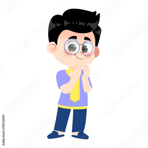 Muslim Boy Wearing Glasses Standing Hand Prayer