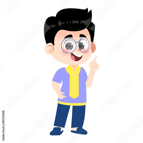 Muslim Boy Wearing Glasses Pointing Up Gesture