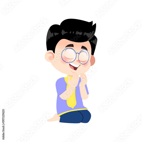 Muslim Boy Wearing Glasses Sitting on Prayer