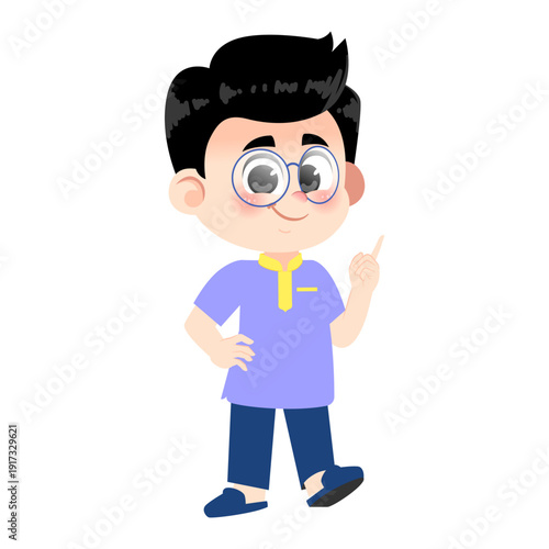 Muslim Boy Wearing Glasses Pointing Up Pose