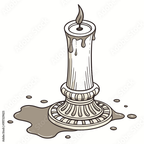 Melted candle on ornate holder with wax puddle melted wax