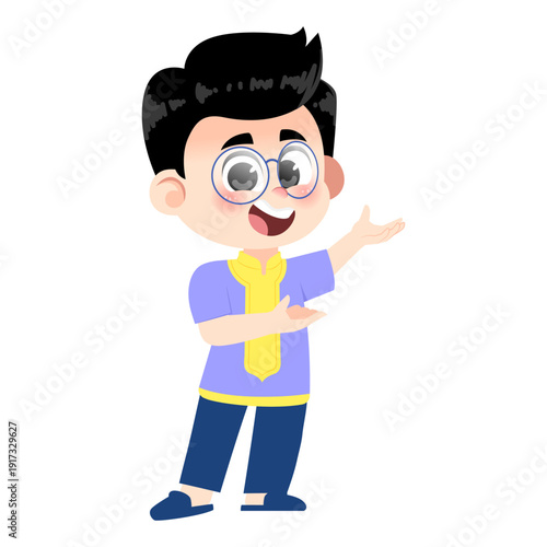 Muslim Boy Wearing Glasses Welcoming Pose