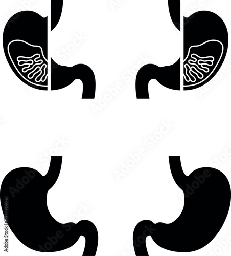 Human stomach anatomy vector icon set. Includes healthy stomach, stomach with gastric folds, and simplified stomach outline symbols. Created in solid black silhouette style with a monochrome