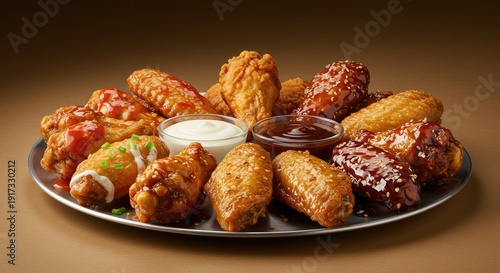 Assorted chicken wings platter with dipping sauces on a metallic plate
