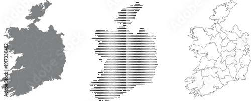 Ireland Map Set with Administrative Regions, Dotted Pattern and Outline Vector Illustration