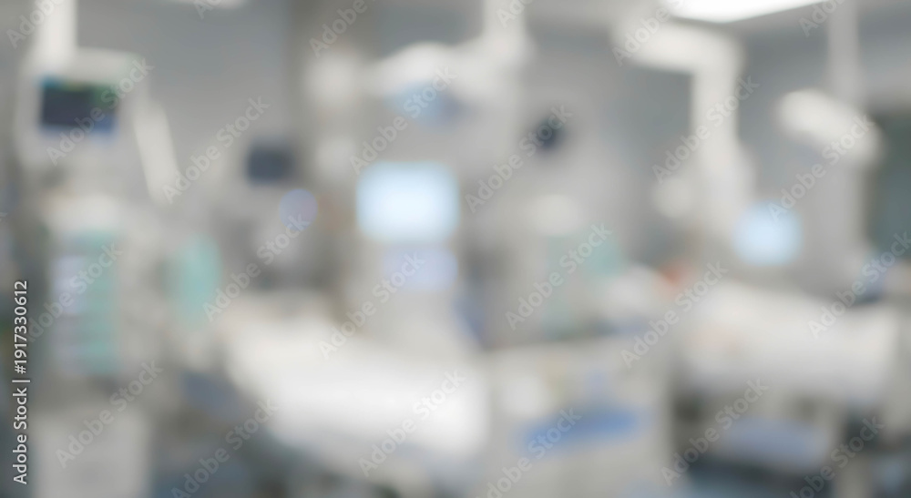 Obraz premium Blurred image of a hospital room containing multiple medical devices, equipment, and beds. The environment appears sterile and designed for patient care.