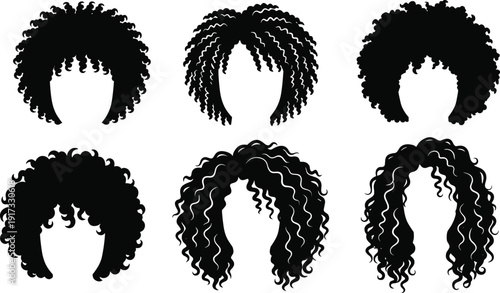 Curly afro hairstyle silhouette set, natural textured black hair collection, diverse voluminous curls vector isolated on white background