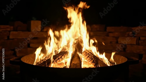 Burning Fire Pits Glowing Brightly During Nighttime Outdoor Gathering with Warm Lighting