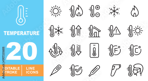 Temperature and Thermometer Line Icons. Editable stroke icons for medical & weather apps. Featuring forehead thermometer, fever warning, heat & cold levels, and Celsius or Fahrenheit units.