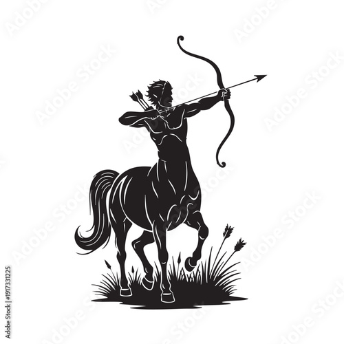 Dynamic Silhouette Centaur Archer Mythical Creature Drawing Bow with Arrow in Grassy Landscape Ready for Shot Isolated on White Background Mythological Equestrian Warrior Scene
