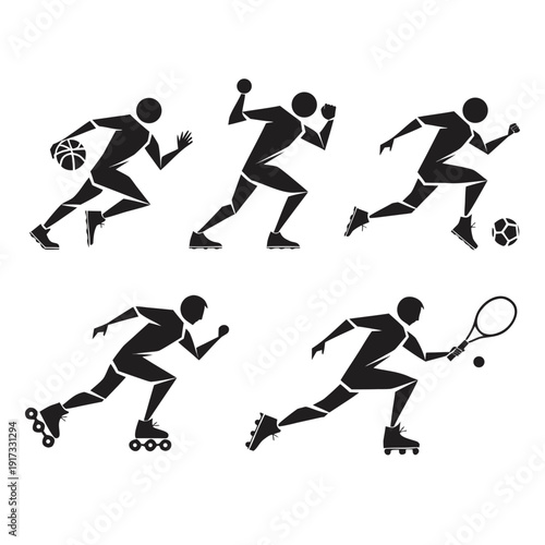 Set of athletic sports player silhouettes in action poses vector.