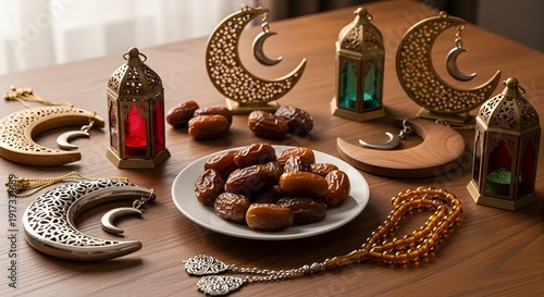 Traditional middle eastern sweets with decorative lanterns and accessories on a wooden table. ramadan 2026