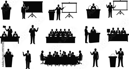 Business silhouettes, corporate presentation, meeting discussion, teamwork collaboration, professional communication, leadership dynamics, conference table, projection screen, flat vector illustration