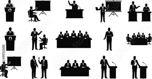 Business silhouettes, professional scenarios, corporate communication, presentation podium, meeting desk, teamwork collaboration, public speaking, conference discussion, flat vector illustration