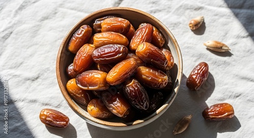 A bowl of dried dates arranged on a light-colored surface in natural sunlight. ramadan 2026
