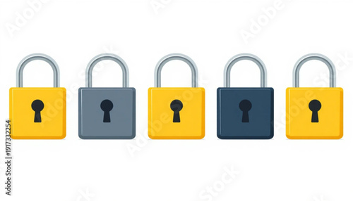 flat illustration of six digital security padlock icons arranged in a clean grid layout, modern cybersecurity theme