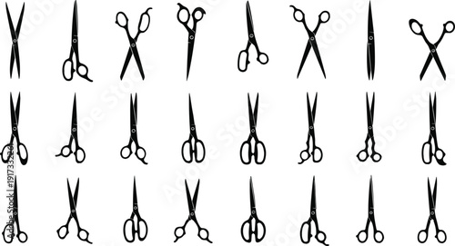 Black scissors silhouettes collection isolated on white background, hairdressing and barber cutting tools vector illustration set
