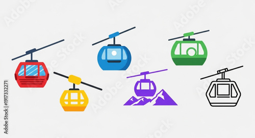 Set of colorful cable car icons and symbols for ski resorts.