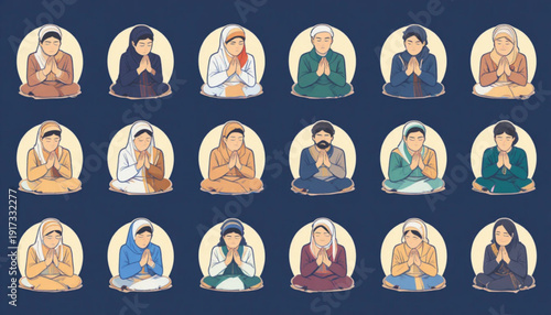 praying people icon set for mobile app UI, minimal flat vector style