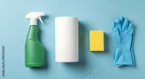 Minimalist Flat Lay Cleaning Kit with Paper Towel Roll, Spray Bottle, and Sponge. Household Supplies with Negative Copy Space