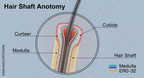Detailed illustration of hair shaft anatomy with labels.