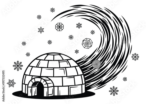 Line art illustration of an igloo depicting falling snow and a blizzard for winter weather