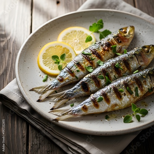 Grilled fish fillets garnished with lemon and herbs on a rustic plate. sardinen